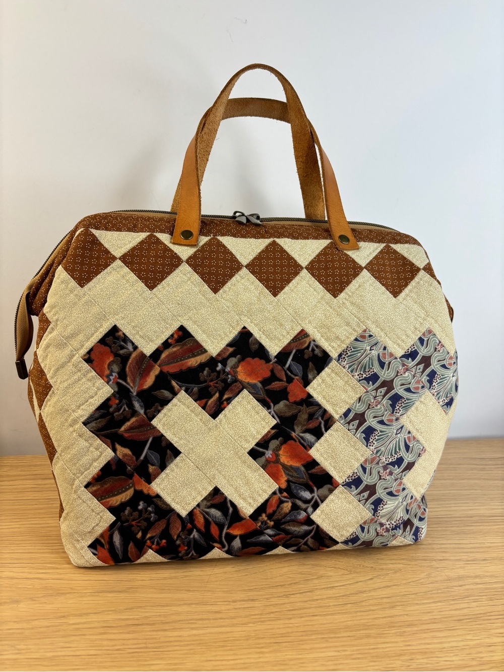“Daisy Said” Quilted Patchwork Tote Bag Leather Strap Handles